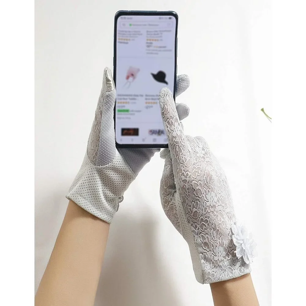 Women's Flower Gray Floral Embroider Lace Gloves Summer Sun Protection